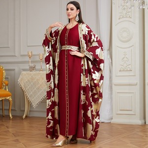 Abaya modeste musulmane transfrontalière du Moyen-Orient, ensemble deux pièces perlé, imprimé estampé or, <span class=keywords><strong>robe</strong></span> de soirée longue - Product Image 3