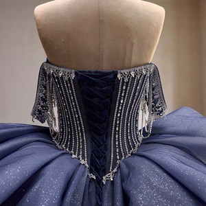 Rsm261119 Romantic Off Shoulder Crystal Beaded Ruffle Glitter Tulle Navy Blue <b>Ball</b> <b>Gown</b> Quinceanera Dress Jancember - Product Image 5