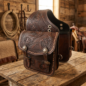 Handtooled Customised Genuine Leather Saddle <b>Bag</b> Handcarved Western Horse Motorcycle Personalised Logo - Product Image 2