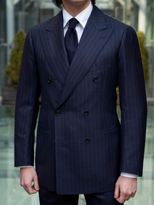 Completo Formale <span class=keywords><strong>Blu</strong></span> a Righe di Alta Qualità, Traspirante, Taglie Forti, Elasticizzato, <span class=keywords><strong>Doppiopetto</strong></span> con Risvolto a Punta, Pantaloni con Pieghe e Polsini 2 - Product Image 6
