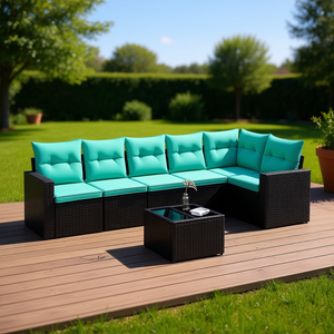 Ensemble de canapés de patio en polyrotin noir avec coussins, 7 places, mobilier d'extérieur, style contemporain, design moderne - Product Image 2