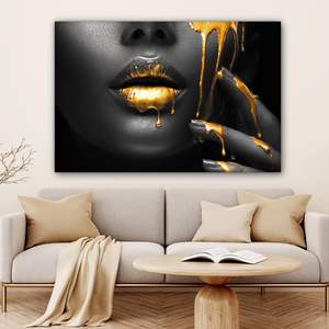 MuchoWow Art mural sur <span class=keywords><strong>toile</strong></span> moderne noir et or avec visage et lèvres, 120x80cm, décoration pour salon et chambre, cadeau - Product Image 3