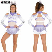 Tenues de cheerleading violettes personnalisées à manches longues, haut en maille à épaules dénudées, short jupe, garniture scintillante, ensemble professionnel, usine OEM/ODM