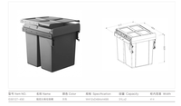 Poubelle métallique JAYNA GALAXY 2*30 L à fermeture douce, grande capacité, porte amovible, pour tri sélectif, quincaillerie de placard