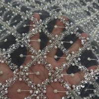 Tissu en dentelle 3D argenté à paillettes brillantes et perles, très demandé