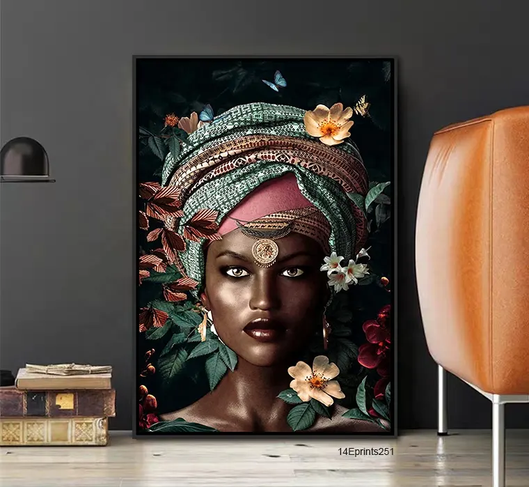 Pintura de retrato de Mujer Africana moderna, impresión en lienzo con marco para imagen, arte de pared para el hogar, impresiones decorativas