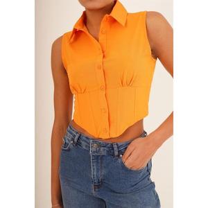 Camisa Naranja de Manga Corta para Mujer con Detalle de Corsé, Blusa Casual Elegante para la Moda de Verano, Venta al Por Mayor - Product Image 1