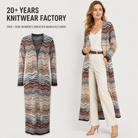 Cardigan long en tricot à rayures chevron pour femme, style décontracté, manches longues, ouvert sur le devant, pour l'automne et l'hiver