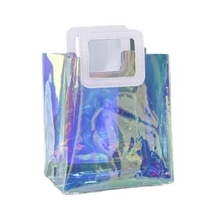 Benutzer definierte gedruckte Logo Clear PVC Laser Tote Holo graphische Tasche Luxus Hologramm Griff Tasche Wasserdichte PVC Irisierende Einkaufstasche