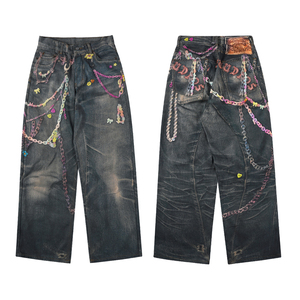 <span class=keywords><strong>Jean</strong></span> noir ample à jambe large pour homme avec imprimé chaîne bonbon, denim délavé vintage pour le streetwear - Product Image 1