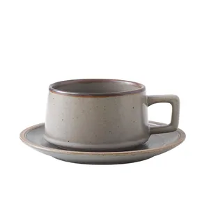 Wholesale 8oz/250ml Unique Rustic Handmade Cup and dish set Japanese Vintage Ceramic Coffee Speckled Clay Mugs with handle