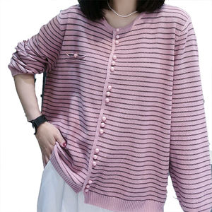 Cardigan en tricot de coton pour femme, style printemps-automne, rayé, polyvalent, décontracté, couleur contrastée, veste rétro, pull décontracté - Product Image 3