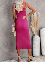 Robe midi moulante sans manches à col en V et bretelles spaghetti en maille côtelée rose vif pour femme, personnalisable OEM, idéale pour l'été