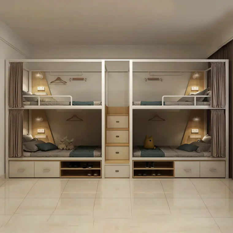 하이 퀄리티 강한 내구성 현대 성인 금속 로프트 이층 침대 싱글 침실 호스텔 사용 이층 침대 계단