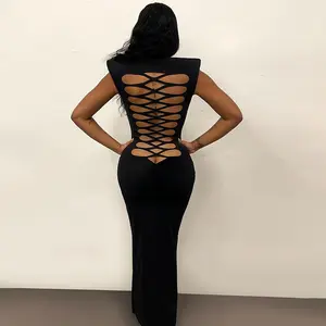 Vestidos Largo Fashion Nieuwe Sexy Hot Girl Turtle Neck Backless Jurk Temperament Stijl Slank Gewatteerde Mouwloze Jurk Vrouwen