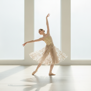 Vestido de Ballet Lírico con Cuello Halter, Encaje y Pedrería Dorada, Falda Midi de Tul Floral, Disfraz de Danza Contemporánea para Niñas - Product Image 4