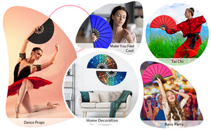 พัดพับขนาดใหญ่รักษ์โลกยี่ห้อ Guansen พร้อมโลโก้สั่งทำ พิมพ์ลาย UV บนผ้าซาตินอ๊อกซ์ฟอร์ด ตกแต่งลายดอกไม้แกะสลัก วัสดุผ้าไหมไผ่ - Product Image 4