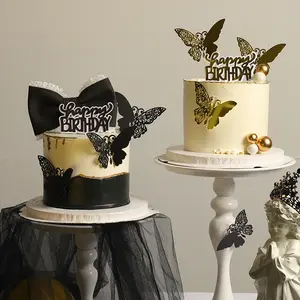 Ins DIY Nướng Món Tráng Miệng Bàn Trang Trí Bánh Lớn Màu Đen Bướm Bow Cake Topper Sinh Nhật Wedding Party Trang Trí Bánh Công Cụ