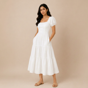 Women’s Casual <b>White</b> Puff Sleeve Dress <b>Square</b> Neck Tiered Flared Dress with <b>Pockets</b> for Boutique Fashion Collection - Product Image 1