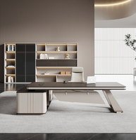 Bureau de direction moderne haut de gamme en forme de L avec armoire latérale et bibliothèque, bureau de luxe pour PDG, directeur, patron, bureau de direction d'entreprise