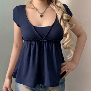 Blusa Casual de Verano para Mujer, de Manga Corta, Color Sólido, Cintura Alta, Tejido Elástico Transpirable, Ecológica, Estilo Dulce - Product Image 6