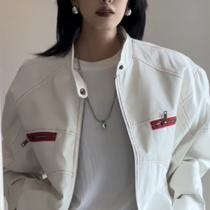 American High-street Leather <strong>Biker</strong> <strong>Jacket</strong> for Women Loose Short Design for <strong>Petite</strong> Figures with Embroidery - Product Image 2