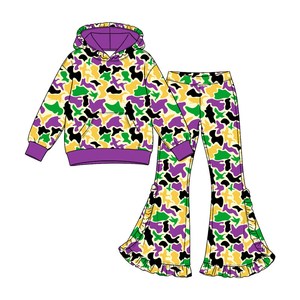 Girls Mardi Gras <b>Cow</b> Camo Outfit Hoodie Flare Pants Kids Carnival Tracksuit <b>Purple</b> Green Yellow - Product Image 4