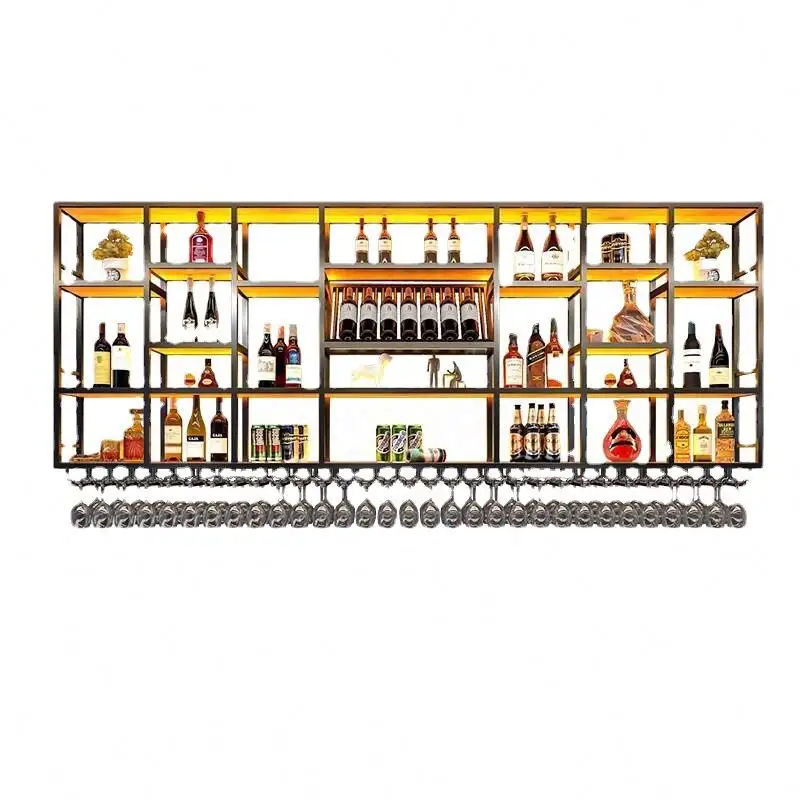 Rak anggur besi tempa dekorasi dinding Bar Retro rak bercahaya kreatif rak anggur logam restoran rak anggur terpasang di dinding
