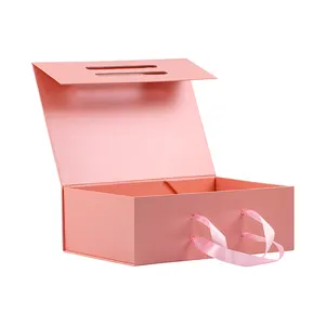 Embalaje de regalo de papel de cartón rígido grande personalizado, CAJA PLEGABLE magnética Rosa caliente de lujo con asa de cuerda de cinta