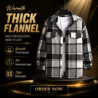 Kemeja Flanel Kotak-kotak Pria Bahan Polyester Tebal, Lengan Panjang, Kancing Depan, Kerah Turun, Kasual, Ukuran Besar, Kantong Dada
