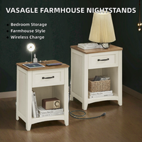 LIRY Ensemble de table de chevet moderne avec chargeur sans fil, 1 tiroir, en MDF, mobilier de chambre à coucher, blanc rustique, brun miel
