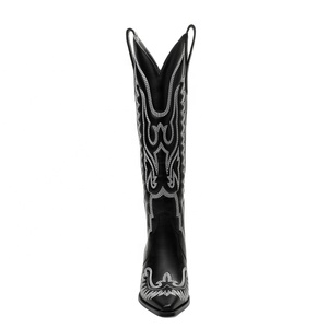 Bottes de cow-boy/cowgirl noires pour femmes, bout pointu, hauteur genou, style western rodeo, avec talon épais de 6 cm, toutes saisons, dessus en PU - Product Image 2