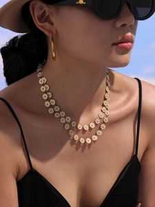 Conjunto de Collar de Acero Inoxidable con Baño de Oro de 18K y Diseño de Flor de Margarita con Efecto de Goteo de Aceite, con Cadena de Eslabones, Kit de Joyería - Product Image 6