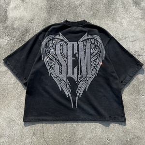 T-shirts à col rond 100% coton, t-shirt personnalisé avec graphisme en strass pour hommes, t-shirt de haute qualité surdimensionné, effet délavé à l'acide - Product Image 3