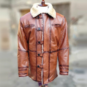 Abrigo de Piel de Oveja Auténtica para Hombre, Color Marrón Antiguo, con Cuello de Piel Crema, Botones, Chaqueta Larga de Invierno, Prenda Exterior Personalizada - Product Image 1