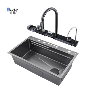 <span class=keywords><strong>Éclairage</strong></span> DEL à cascade pour <span class=keywords><strong>évier</strong></span> de <span class=keywords><strong>cuisine</strong></span> Smart 304 en acier inoxydable avec robinet et lave-gobelet noir - Product Image 1