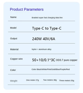Câble <span class=keywords><strong>de</strong></span> <span class=keywords><strong>charge</strong></span> rapide USB C vers USB C 240W 6A 480 Mbps en nylon, compatible avec <span class=keywords><strong>iPhone</strong></span> 15 17 Pro Max Samsung, testé pour plus <span class=keywords><strong>de</strong></span> 10 000 plisures <span class=keywords><strong>de</strong></span> flexion - Product Image 6