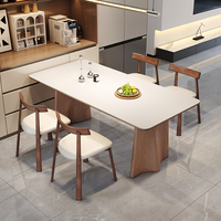 Ensemble de table à manger en bois massif de style mid-century, plateau en dalle de pierre, écologique, durable, forme rectangulaire, pour petits appartements, 4 chaises