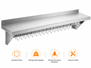 Estante de Acero Inoxidable Comercial para Montar en la Pared con Ganchos, Estante de Almacenamiento Resistente para Cocina, Equipo de Cocina Flotante de Metal - Product Image 2