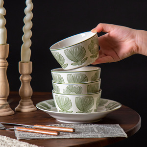 Service de vaisselle en porcelaine motif plantes de jardin d'<span class=keywords><strong>Alice</strong></span> – Design nordique minimaliste vert, compatible micro-ondes et lave-vaisselle - Product Image 3