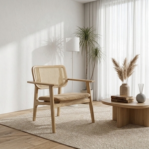 Fauteuil <span class=keywords><strong>d</strong></span>'appoint Japandi Wabi-Sabi en bois de frêne <span class=keywords><strong>et</strong></span> rotin tressé à la main, pieds coniques, style scandinave du milieu du siècle, chaise longue respirante - Product Image 1