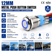 Interrupteur à bouton-poussoir métallique 12 mm, étanche IP65, à verrouillage, 12 V, éclairé par LED, 4 broches, normalement ouvert