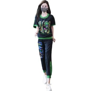 Women's Casual Sports Suit 2025 Summer Printed Short Sleeve Cropped Pants Two Piece Set Gradient Colors Geometric Patterns - Product Image 5