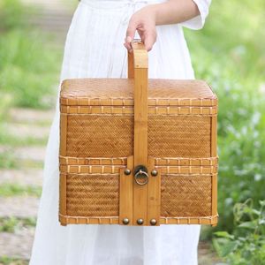 Handmade <b>Bamboo</b> Woven Double Layer Food Box Rectangle Brass Clasp Kitchen Storage Picnic Travel Gift Set - Product Image 1
