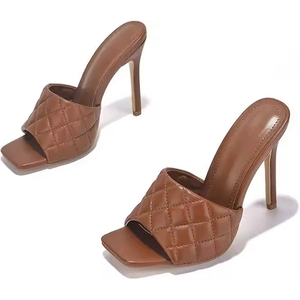 Zapatos de mujer con punta cuadrada a la moda personalizada con tacones Plum Pu cuero fino tacón de aguja alto tacones de fiesta para mujer - Product Image 4