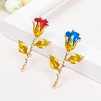 Bros Bunga Kristal Berlapis Emas Elegan Wanita Pin Bros Bentuk Bunga Mawar Enamel Merah Biru