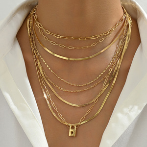 Collar de moda con colgante de candado, tono dorado, cadena múltiple, cadena para clavícula, para mujer, estilo hip hop, joyería de aleación de zinc - Product Image 2