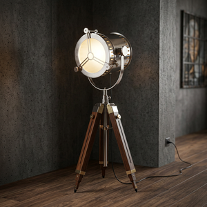 Lámpara de pie trípode industrial vintage con cabezal de reflector metálico y patas de madera, estilo clásico, iluminación decorativa para el hogar - Product Image 3