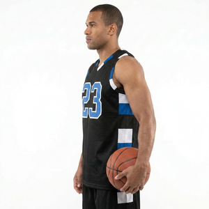 Camiseta de baloncesto para hombre, sin mangas, cuello en V, malla transpirable, número 23 azul, nombre del equipo personalizado, para todas las estaciones, ajuste atlético - Product Image 3