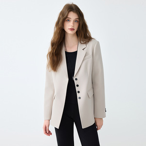 Women's Off White Blazer Solid Color Polyester Anti-Wrinkle Loose Fit Professional Casual Spring Autumn Style - Product Image 1